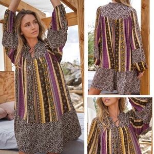 Ces Femme Mixed Print Boho Patchwork Mini Dress Floral M